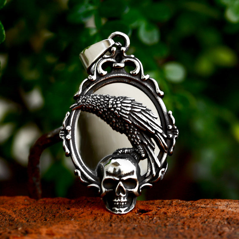 Magischer Spiegel Totenkopf Anhänger Titanstahl Raben Halskette Accessoires