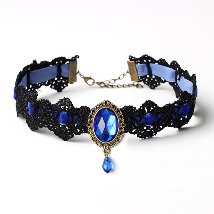 Halloween Kostüm Zubehör Set Siebenfarbige Halsketten Ethno-Stil Accessoires Gothic Choker Spitze Kragen Vintage Edelstein Schlüsselbeinkette