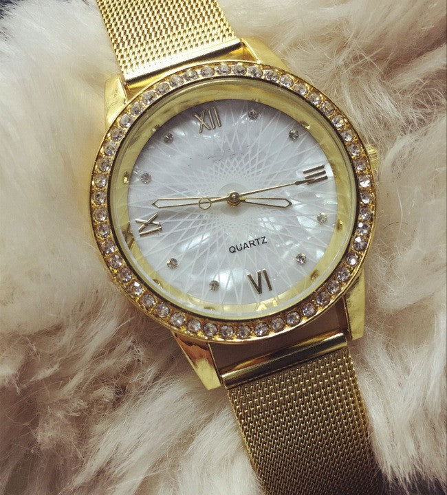 Golden Mesh Belt Men's And Women's Alloy Electronic Watch