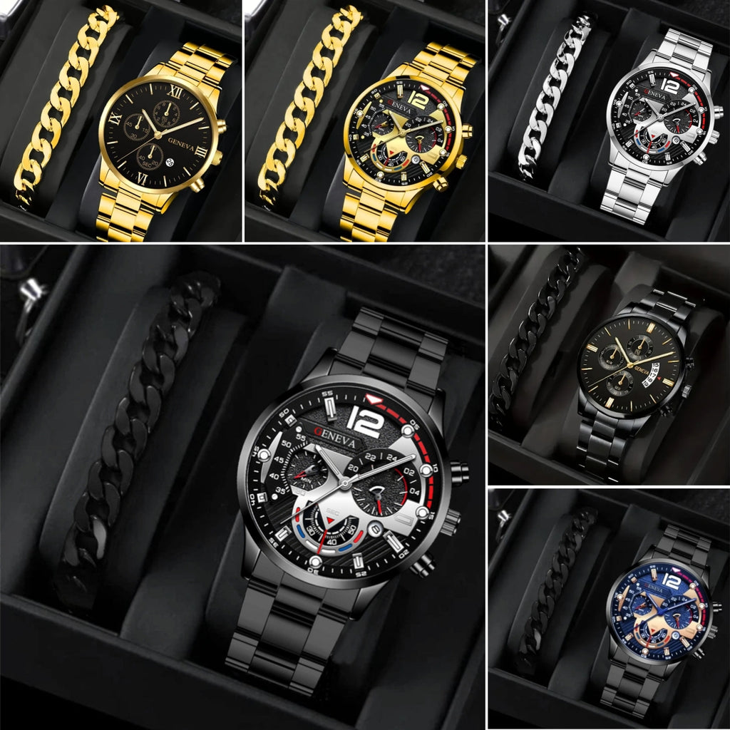 Juego de pulsera de 2 relojes de cuarzo de tres ojos de acero de moda para hombre, regalos de San Valentín