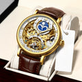 Neue KINYUED echte automatische Leder Herrenuhr Uhren hohle mechanische Uhren Reisezeit genau