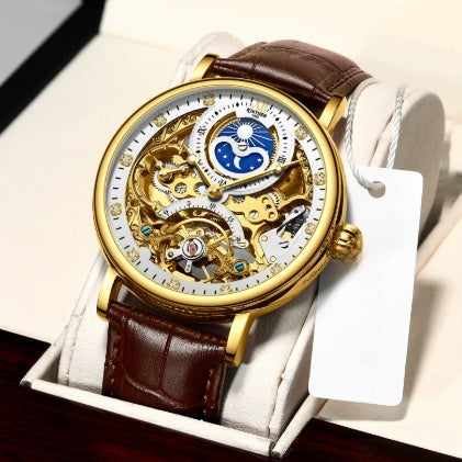 Neue KINYUED echte automatische Leder Herrenuhr Uhren hohle mechanische Uhren Reisezeit genau