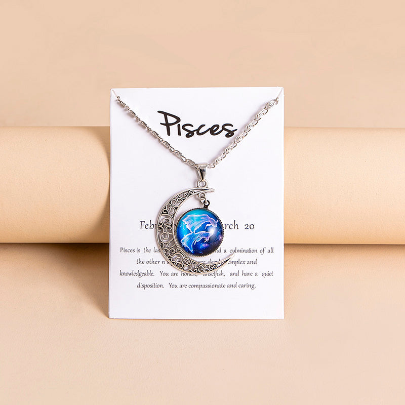 Collar con colgante de luna y 12 abalorios de cristal con signos del zodiaco para mujer y niña