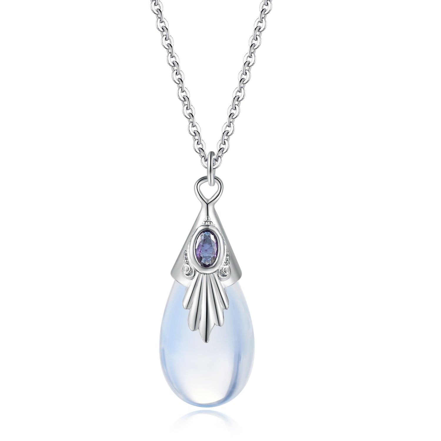 Ovale halbedle Mondstein-Anhänger-Halskette für Damen Zirkon Silberfarbe Modeschmuck