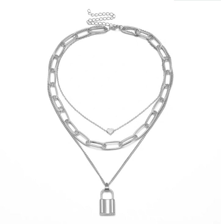Punk Hip Hop Exaggerated Thick Chain Multilayer Lock Shape Love Necklace Summer Beauty