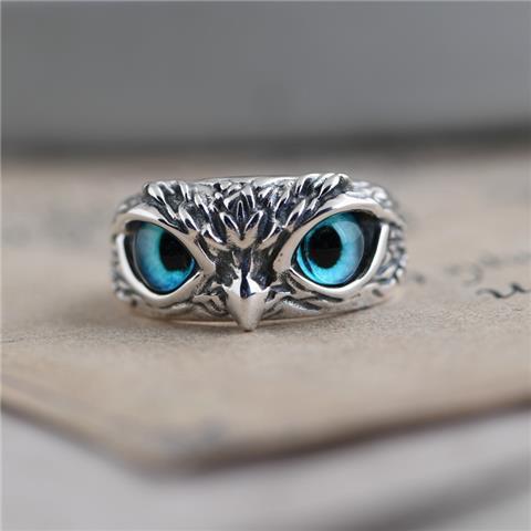 Anillo de búho con ojo de demonio vintage a la moda para mujer, anillo de animales retro, joyería de color plateado