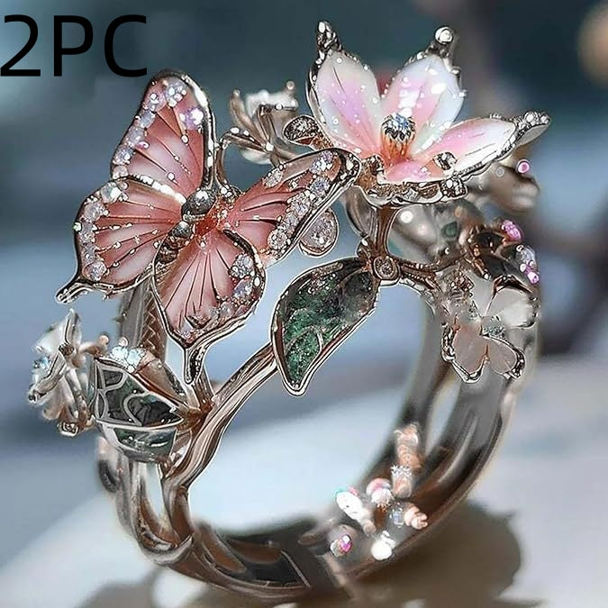Anillo de mujer de mariposa y flor con aceite goteante, con incrustaciones de cristal 3D brillante, elegante, ajustable y transparente, chapado en oro, con diseño de animales e insectos, estilo estético, joyería de moda