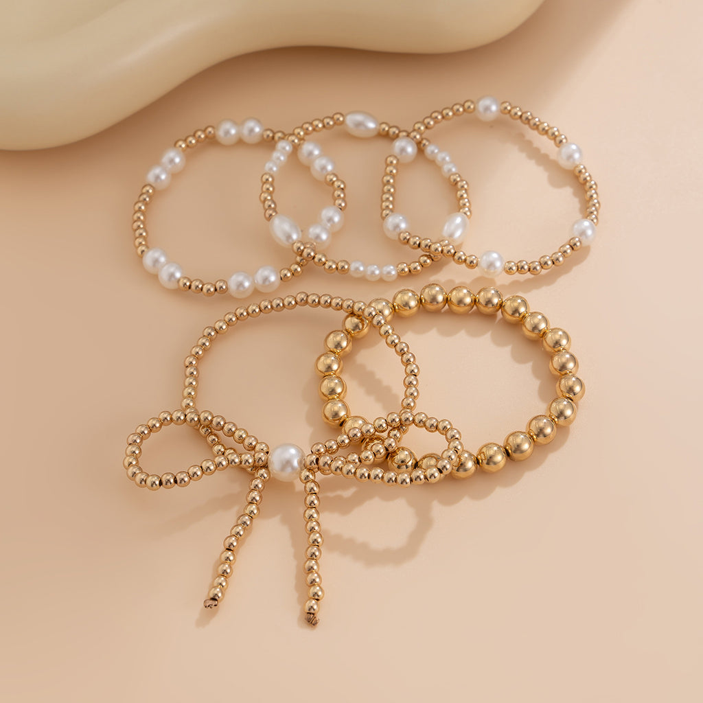 Personalisiertes Armband mit Schleife und Perlen, mehrlagig, 5-teiliges Set