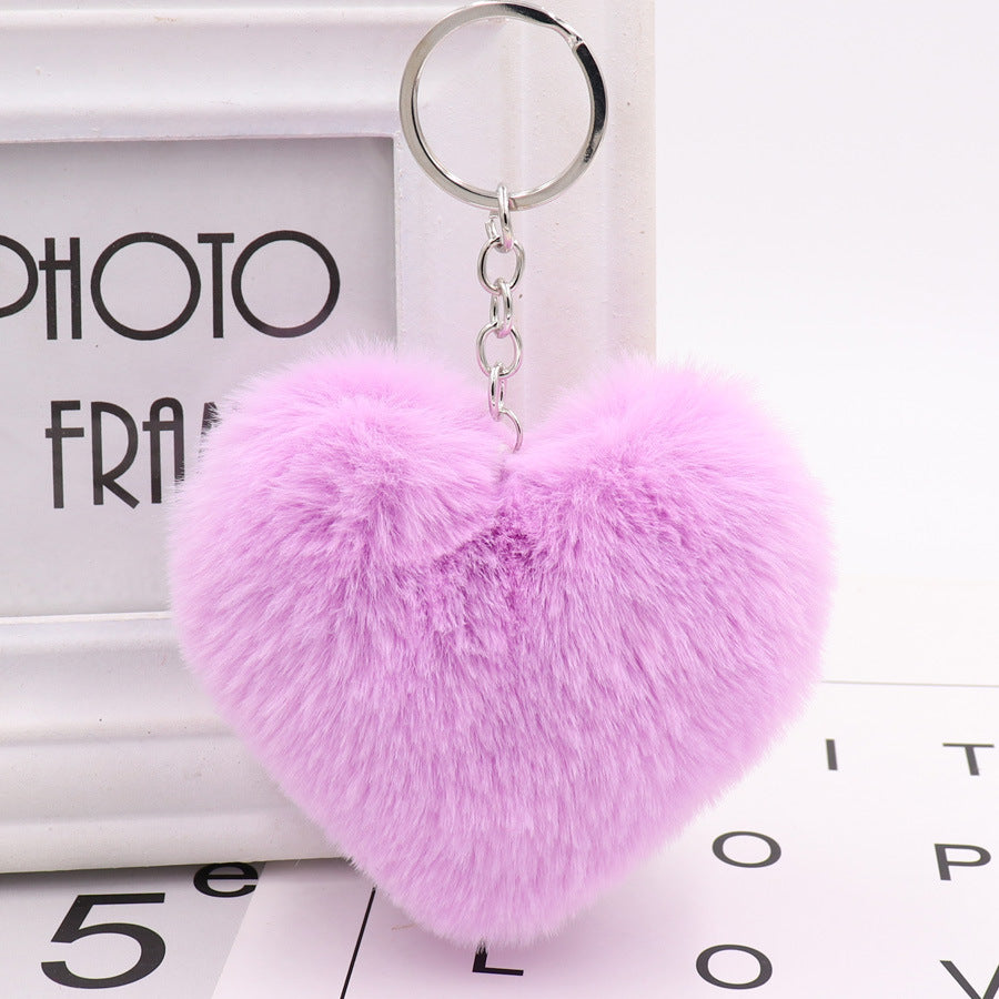 Llavero con pompón en forma de corazón, conejo Rex, de peluche, colgante para coche