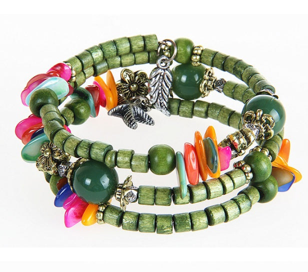 Nationaler Vintage-Holzarmreif aus buddhistischen Perlen, Muschel, Seestern-Anhänger, Holzarmband, Damenstil, Holzperlenarmband