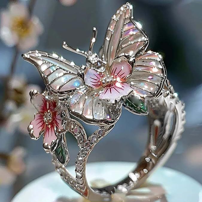 Anillo de mujer de mariposa y flor con aceite goteante, con incrustaciones de cristal 3D brillante, elegante, ajustable y transparente, chapado en oro, con diseño de animales e insectos, estilo estético, joyería de moda