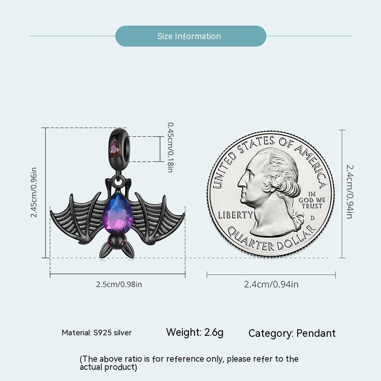 Sterling Silber S925 Fledermaus-Baumelperlen Schwarz Vergoldet Zirkon Turmalin Dunkler Anhänger