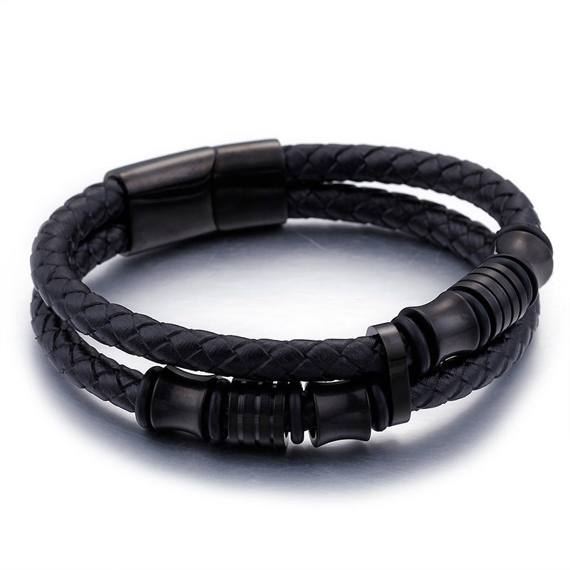 Pulsera de cuero de acero inoxidable color oro para hombre, pulseras de cuero negro para hombre, joyería, muñequera con cierre magnético