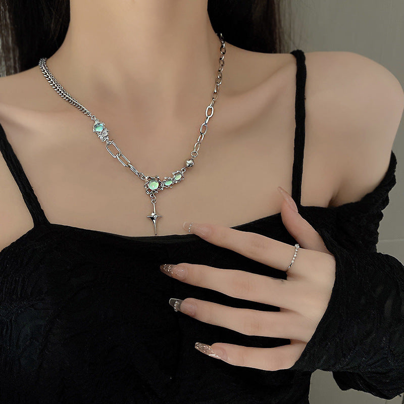 Asterism Moonstone Stitching Cross Clavicle Chain