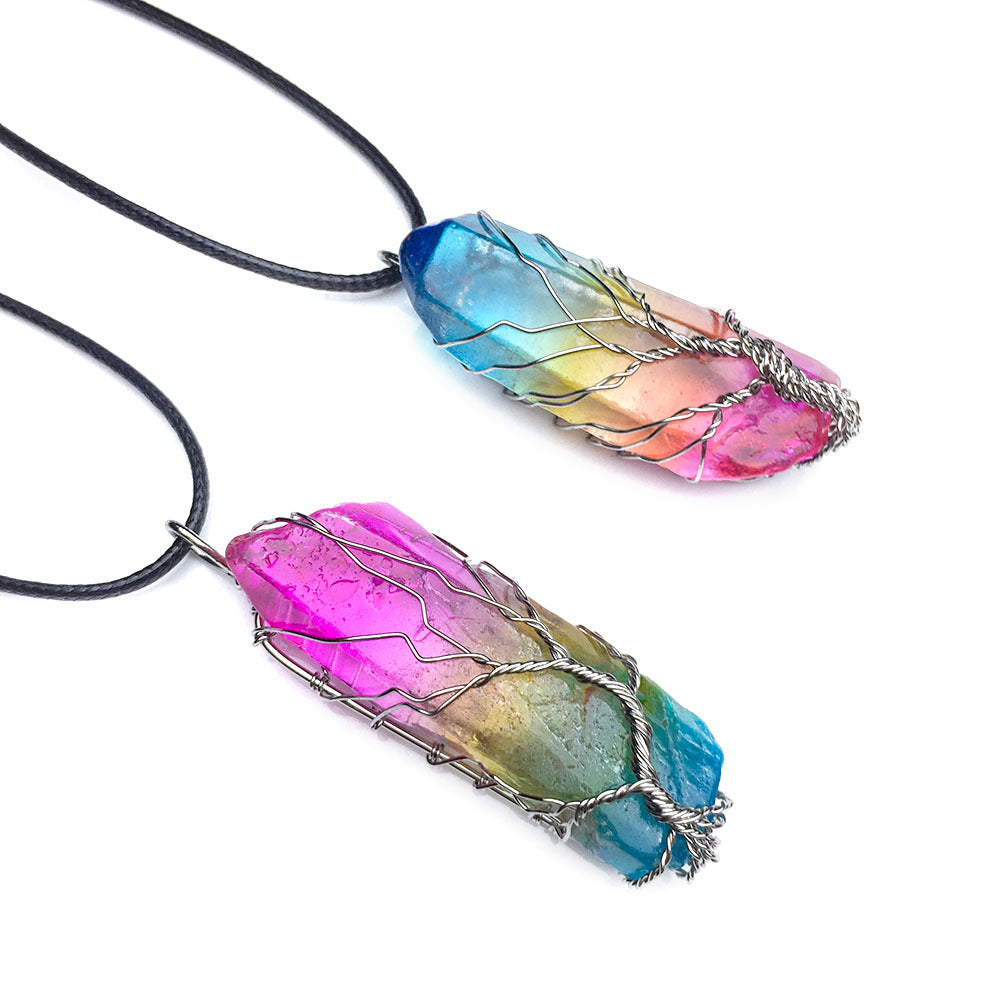 Naturstein-Anhänger 7 Chakra Regenbogen-Schmuck DIY Quarz Lebensbaum Reiki Heilanhänger Pendel Halskette Damen Herren1
