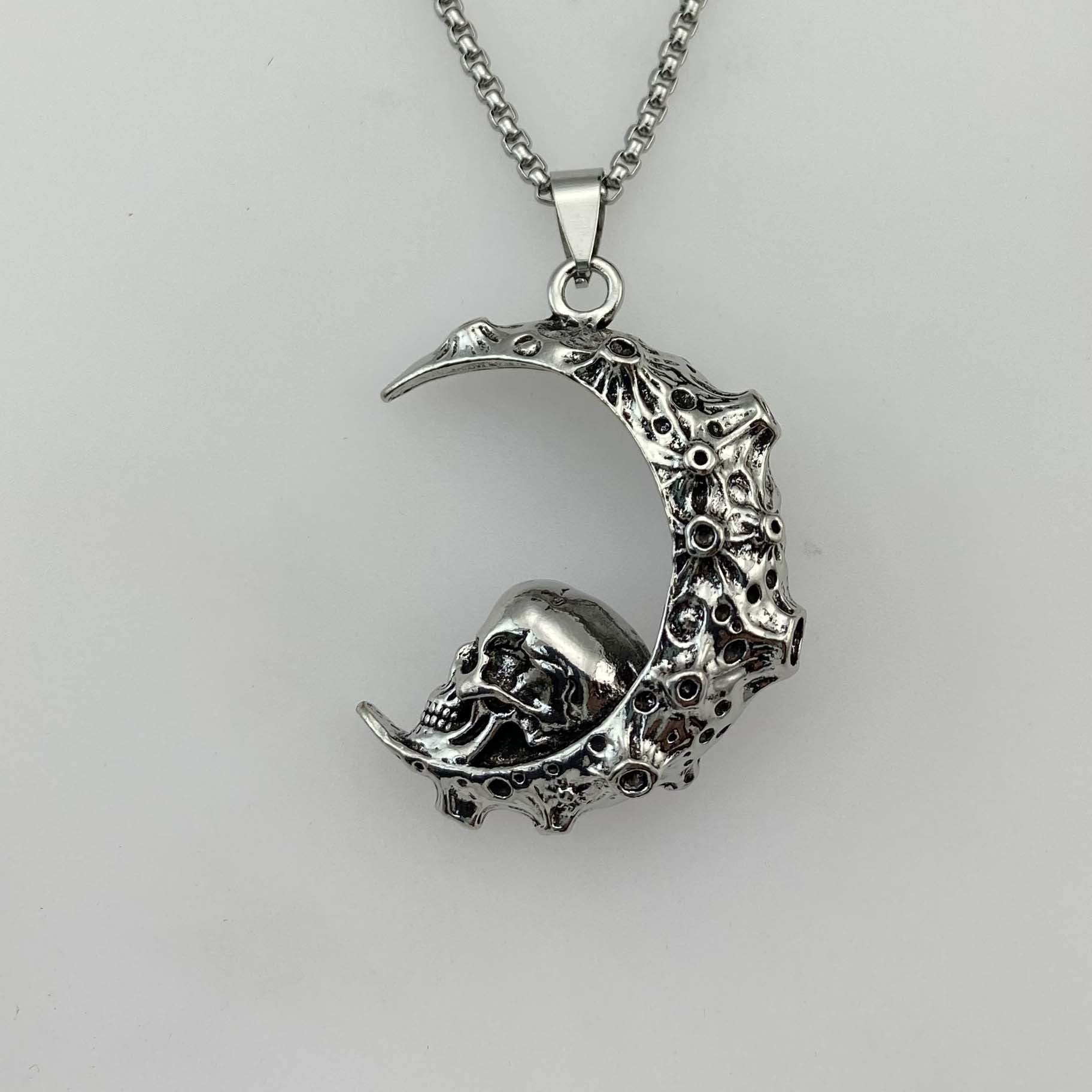 Großer Edelstahl 3D Mond Schädel Anhänger Biker Punk Halskette Herren Schmuck Kostenloser Versand