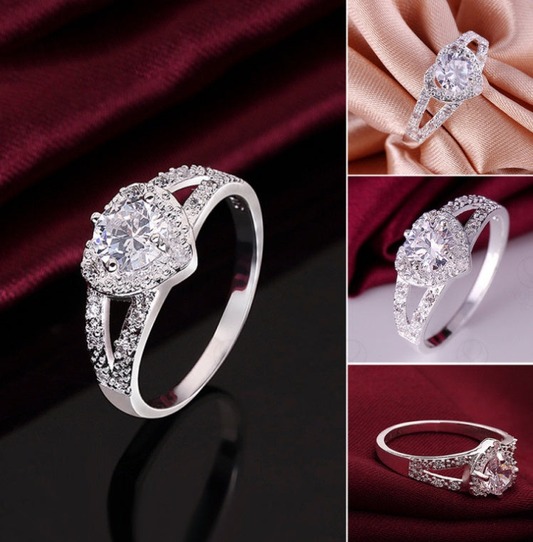 Herz-Ring Silberfarben Klarer AAA Zirkonia Versprechensring für Frauen Ehering Schmuck Größe