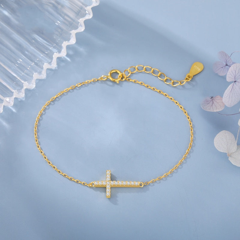 Pulsera delgada sencilla con cruz de plata S925, moda femenina