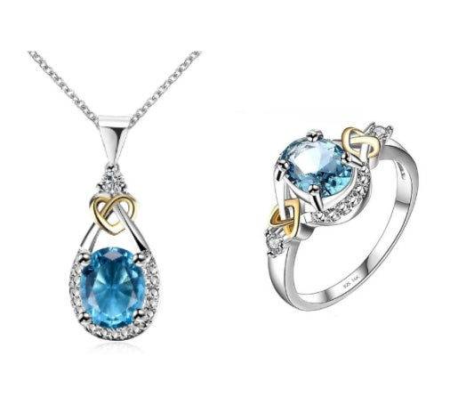 Halskette, Ring und Ohrringe aus blauem Kupfernickel mit Schmucksteinen