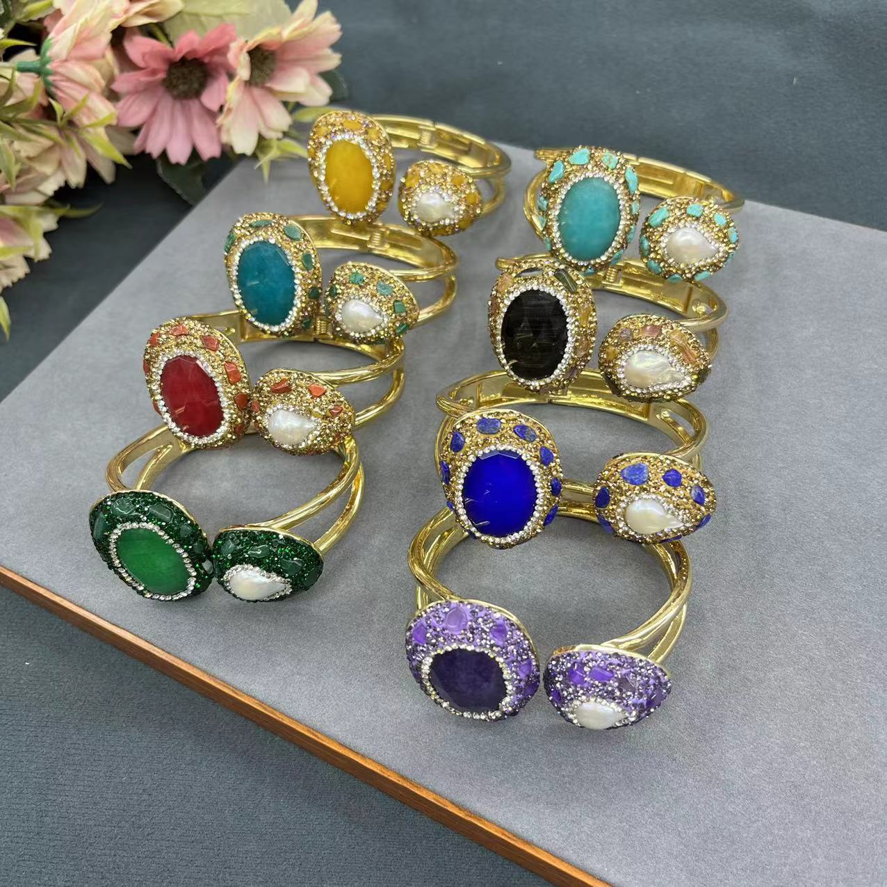 Fashion And Fully-jewelled Design Color-preserving Electroplated Natural Stone Bracelet