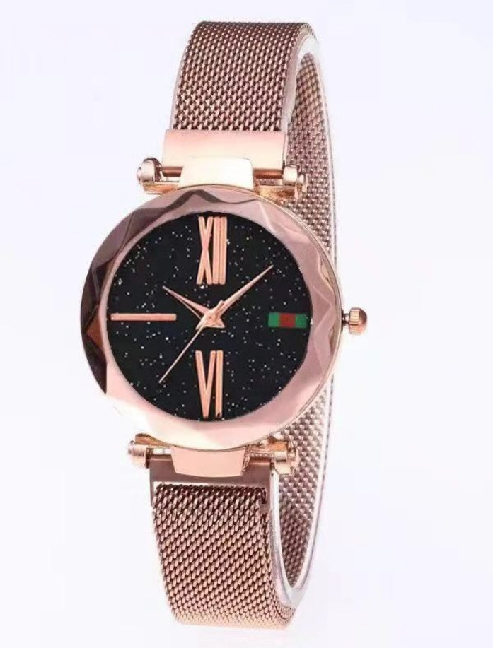 Reloj de mujer de cielo estrellado con correa de malla magnética y cuarzo de diamantes