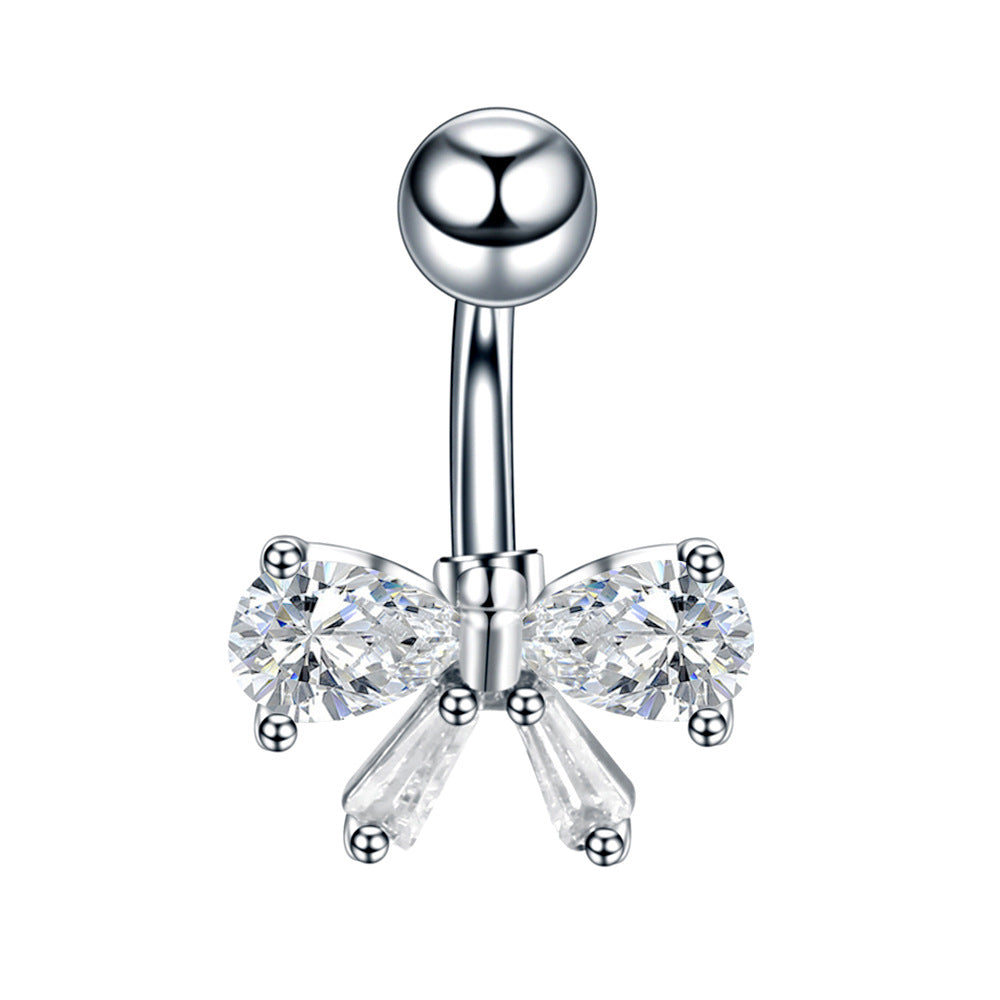 Pendiente de ombligo con incrustaciones de circón en forma de lazo, de acero inoxidable, para piercing corporal