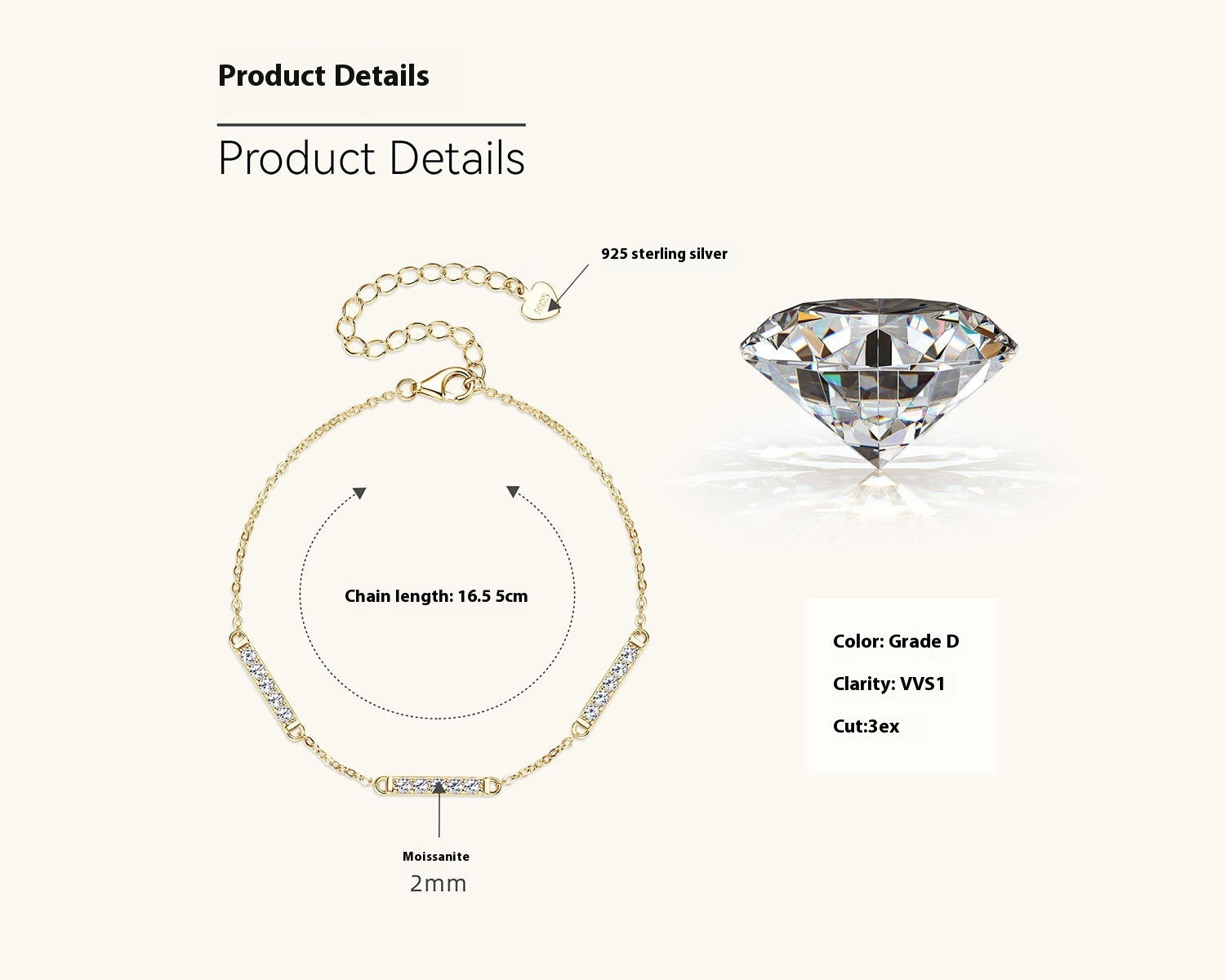 Women's Sterling Silver Simple Moissanite Bracelet