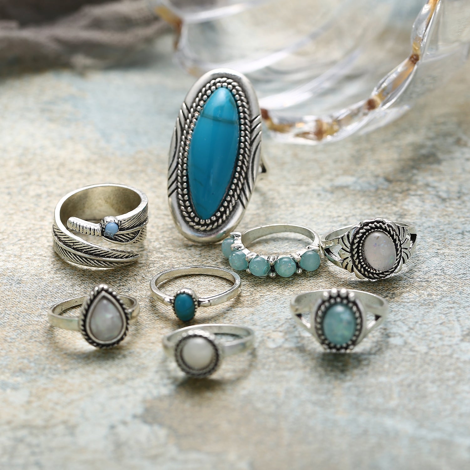 Opalring-Set Türkis achtteilig Schmuck