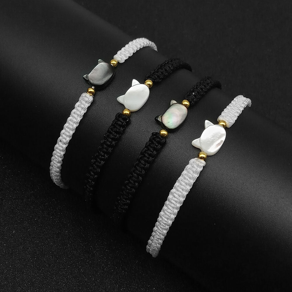 Interessantes Design Damenmuschel Schwarze Katze Handgewebtes Handseil Armband