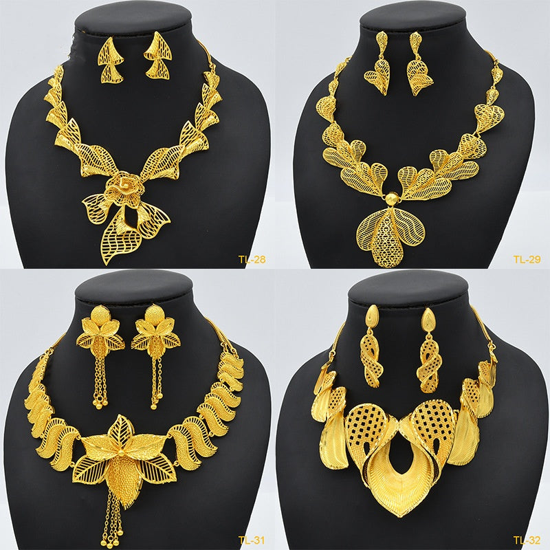 Goldfarbene Blumenkette und Ohrringe Set Messing vergoldet Hochzeitsschmuck Partie