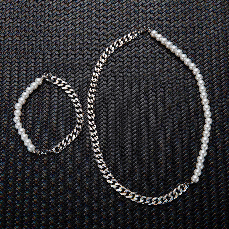 Stitching Stainless Steel Cuban Chain Pearl Necklace For Men
