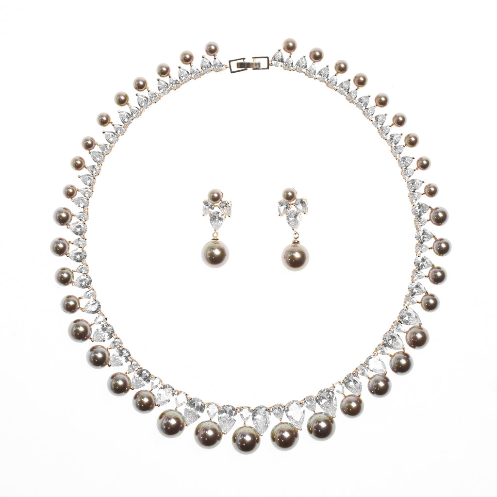 Perlen-Zirkon-Ohrringe-Halsketten-Set, Abend-Schmuck