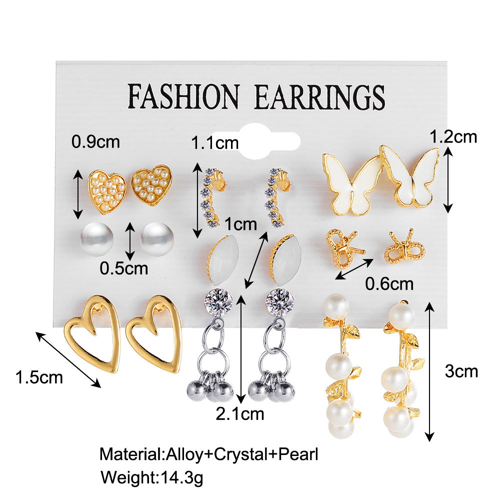 Juego de aretes de 9 pares con diseño de mariposa y corazón calado
