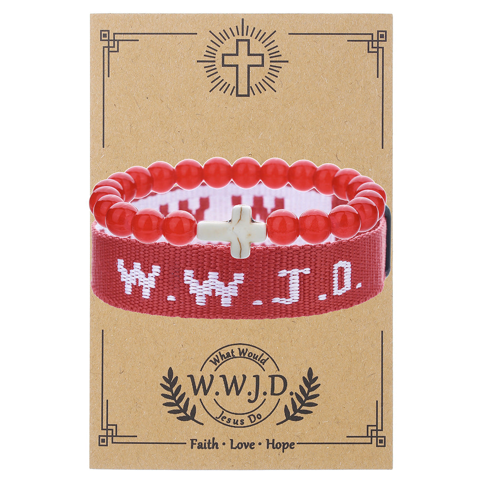 Pulsera con letras WWJD y dije de cruz turquesa