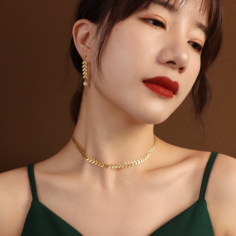 Ins European And American Wheat Leaves Phoenix Tail Necklace Pearl Earrings Jewelry Titanium Steel Plated 18K Gold Color Protection