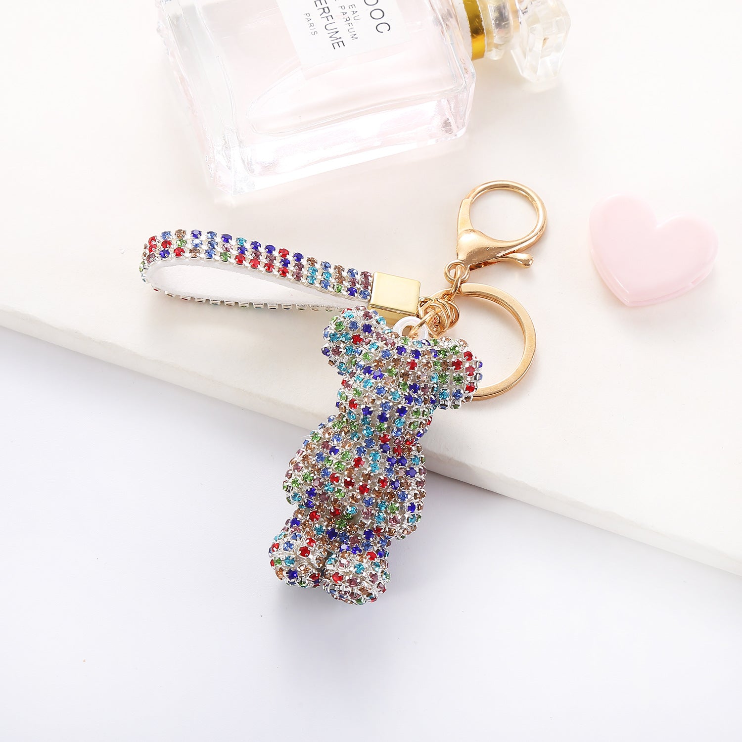 Llavero de oso de peluche con dibujos animados y diamantes de imitación para mujer