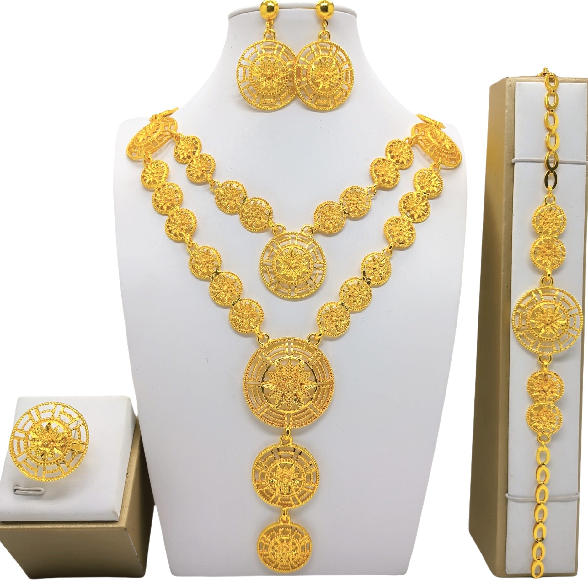 Traje de joyas de oro, collar, pulsera, pendientes y anillo de boda nupcial árabe