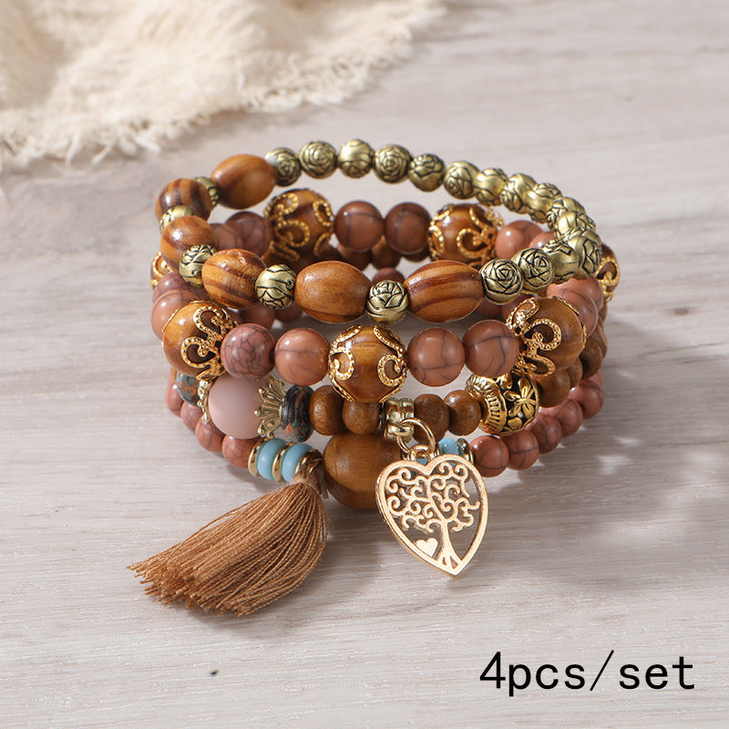 Pulsera Bohemia de Cuentas de Madera de Múltiples Capas
