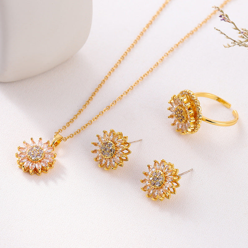Klassischer Charme Sonnenblume Blume Edelstahl Halskette Ohrringe Mode Exquisiter Mikro-Samen Schmuck Ring