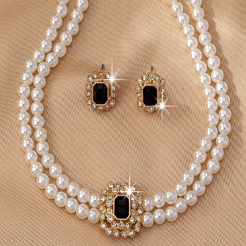 Stilvolles elegantes Doppelreihen-Perlen-Quadrat-Diamant-Halsketten-Ohrringe-Set