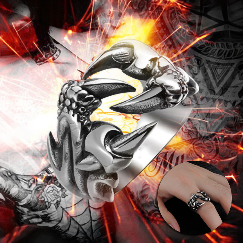 Anillo dominante de garra de dragón abierto para hombres, joyería punk cromada, anillos de fiesta con garra de dragón de acero de titanio para hombres