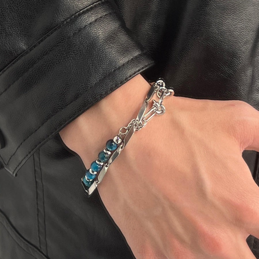 Double Blue Tigereye Titanium Steel Bracelet
