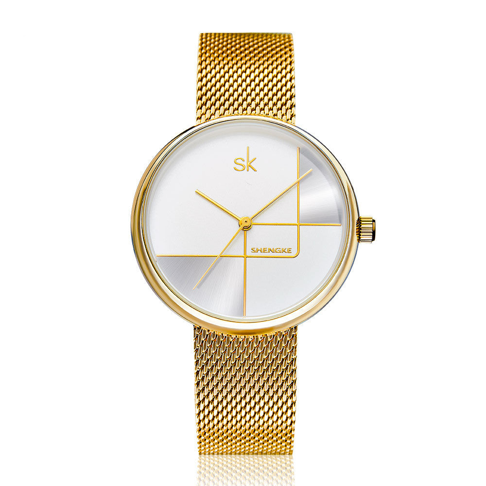 Reloj de cuarzo con correa de malla y diseño geométrico sencillo para mujer