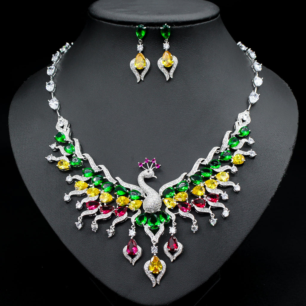 Ethno-Stil Zirkon-Pfau-Ohrringe-Set Quaste Bunte Schlüsselbeinkette Schmuckset