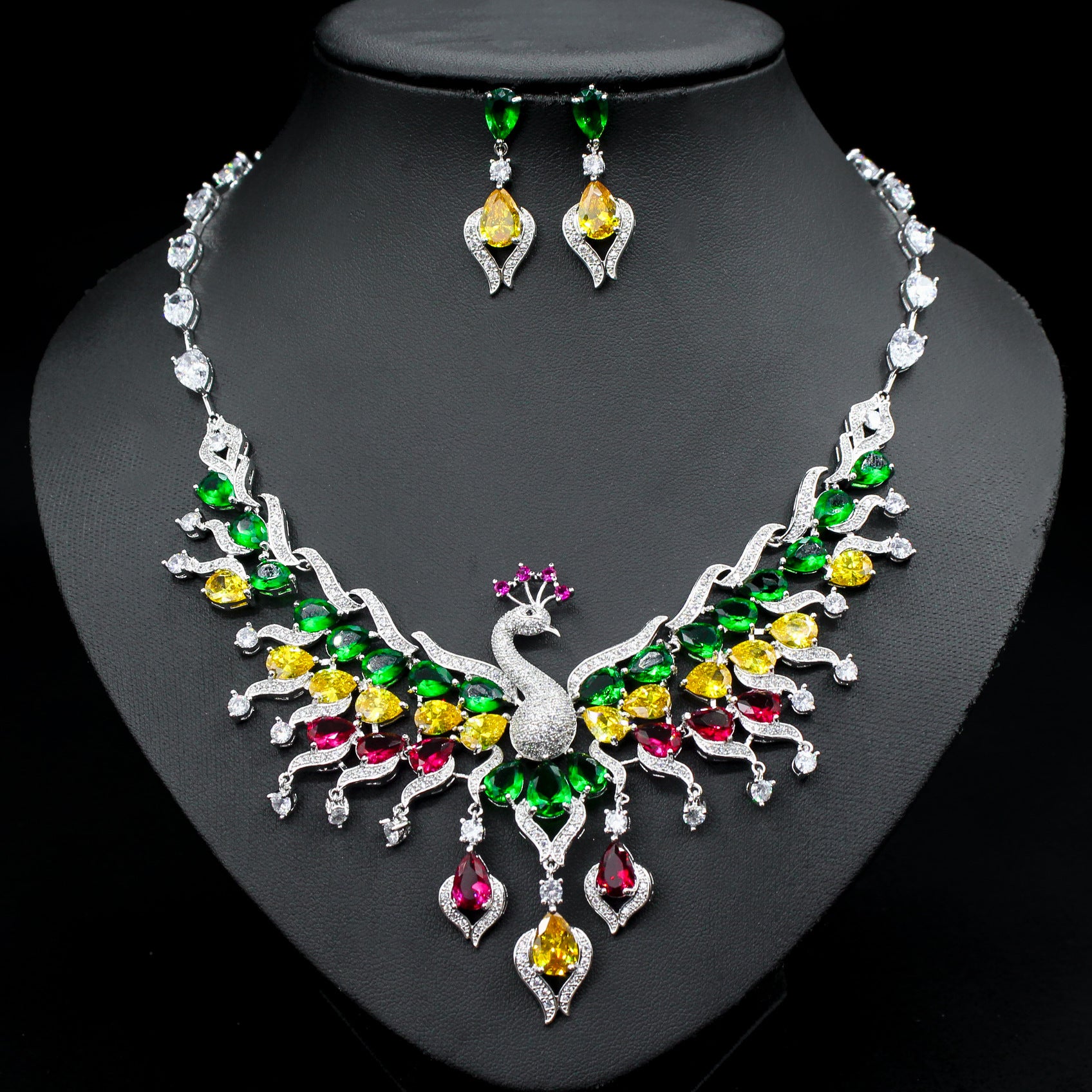 Ethno-Stil Zirkon-Pfau-Ohrringe-Set Quaste Bunte Schlüsselbeinkette Schmuckset