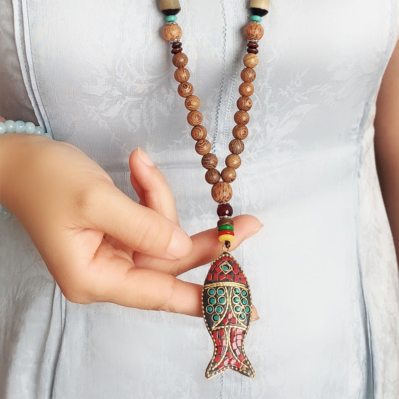Vintage Lange Halskette Handgemachte Türkis Holzperlen Halskette für Frauen Modeschmuck
