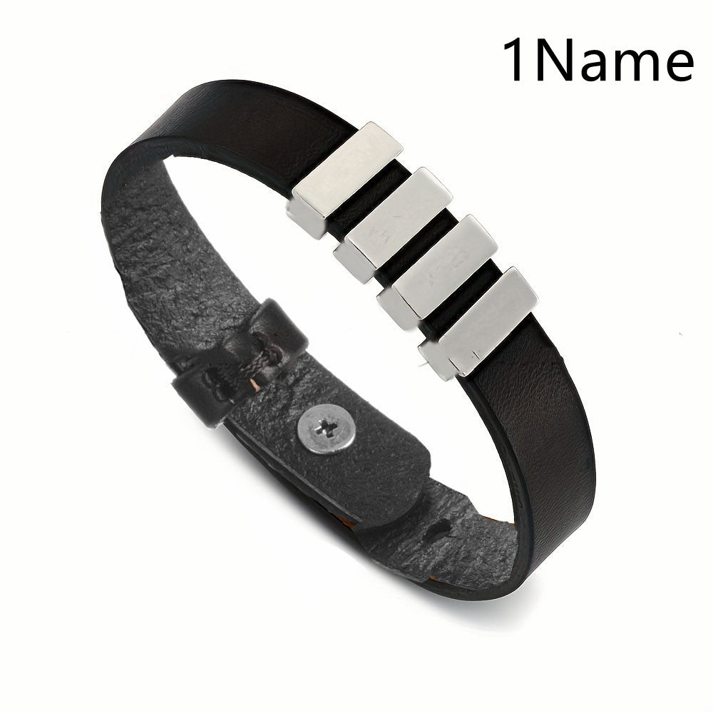 Pulsera con nombres familiares personalizada para hombres, brazalete de cuero con cuentas de acero inoxidable grabado, regalos para el Día del Padre
