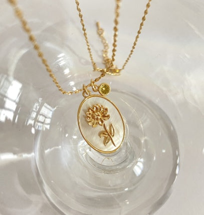 Vintage December Flower Oval Mother Of Pearl Necklace