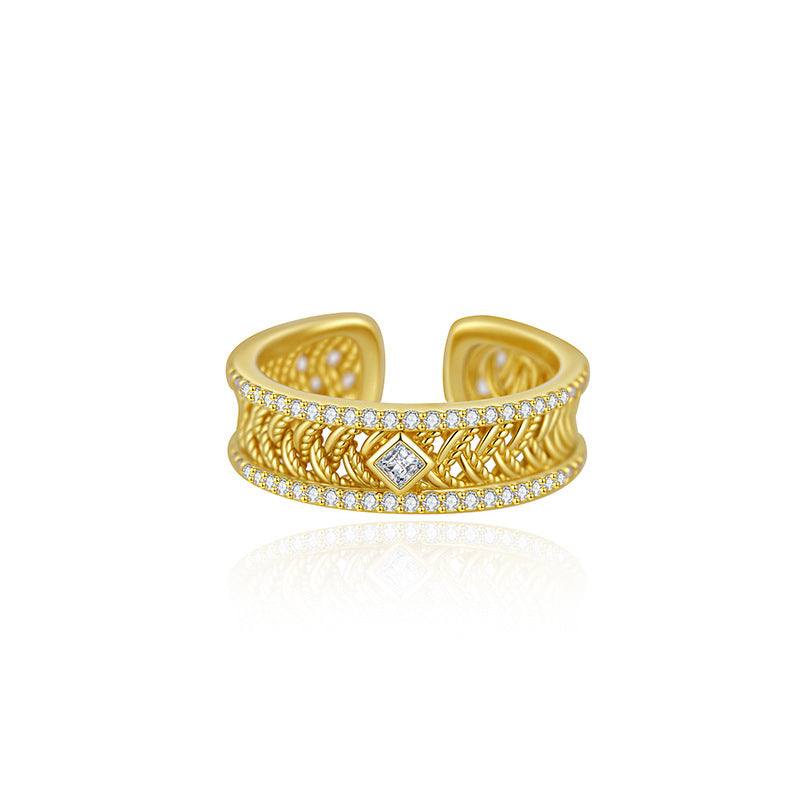 Broschen-Gewebe Filigran-Ohrstecker S925 Sterling Silber Leichter Luxus High-End Diamant-besetzt Sandgold
