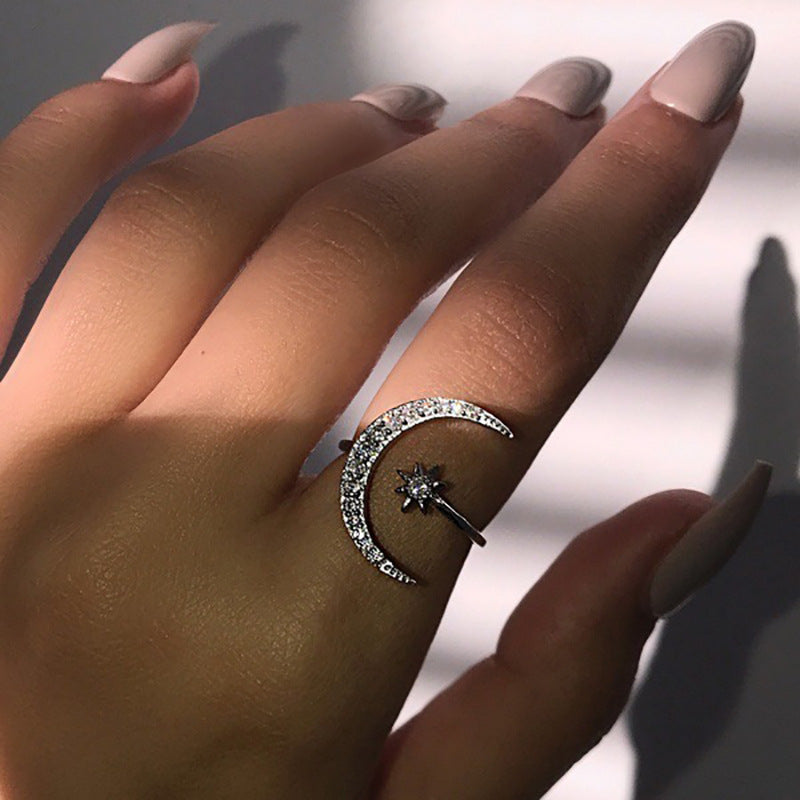 Anillos Abiertos de Luna y Estrella con Diamantes de Imitación, Joyería Personalizada de Moda para Mujer